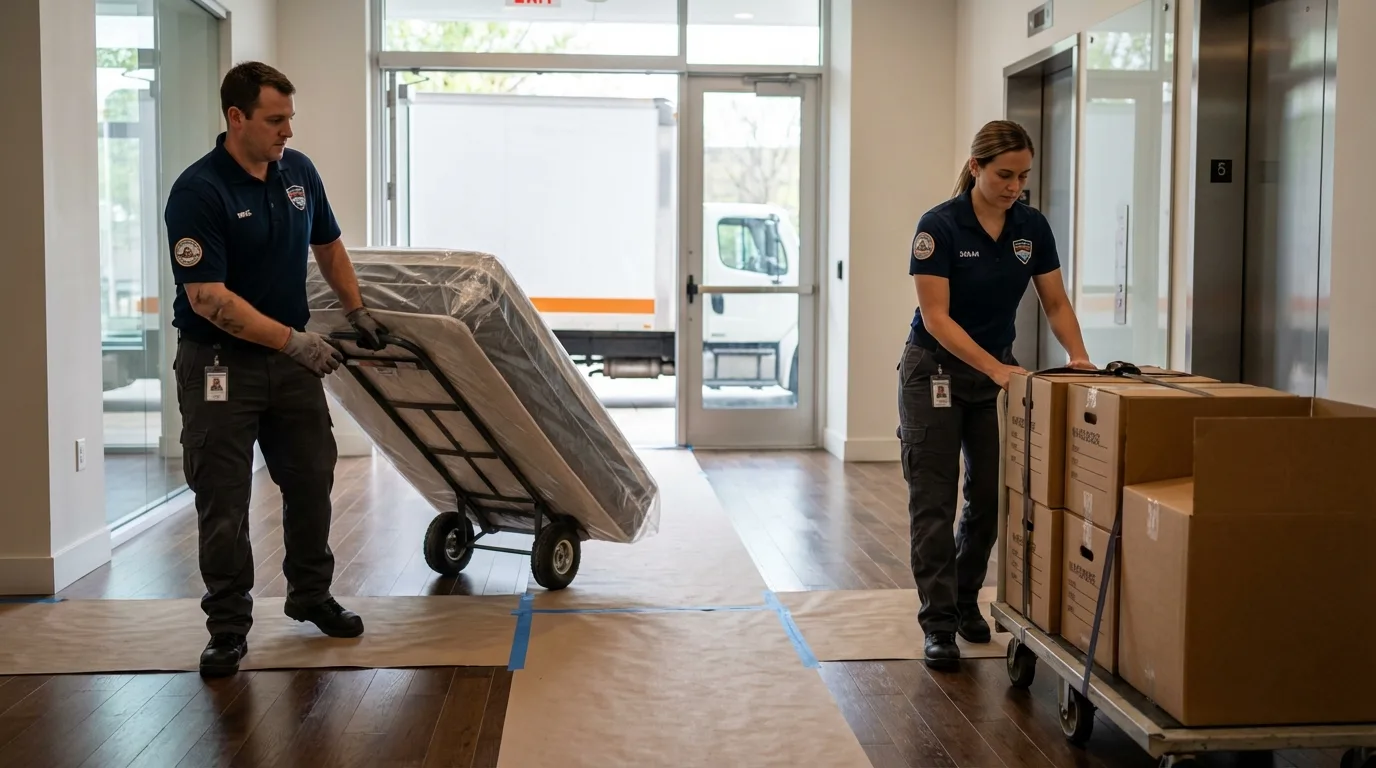 Professional apartment movers loading elevator in Ravensdale, WA