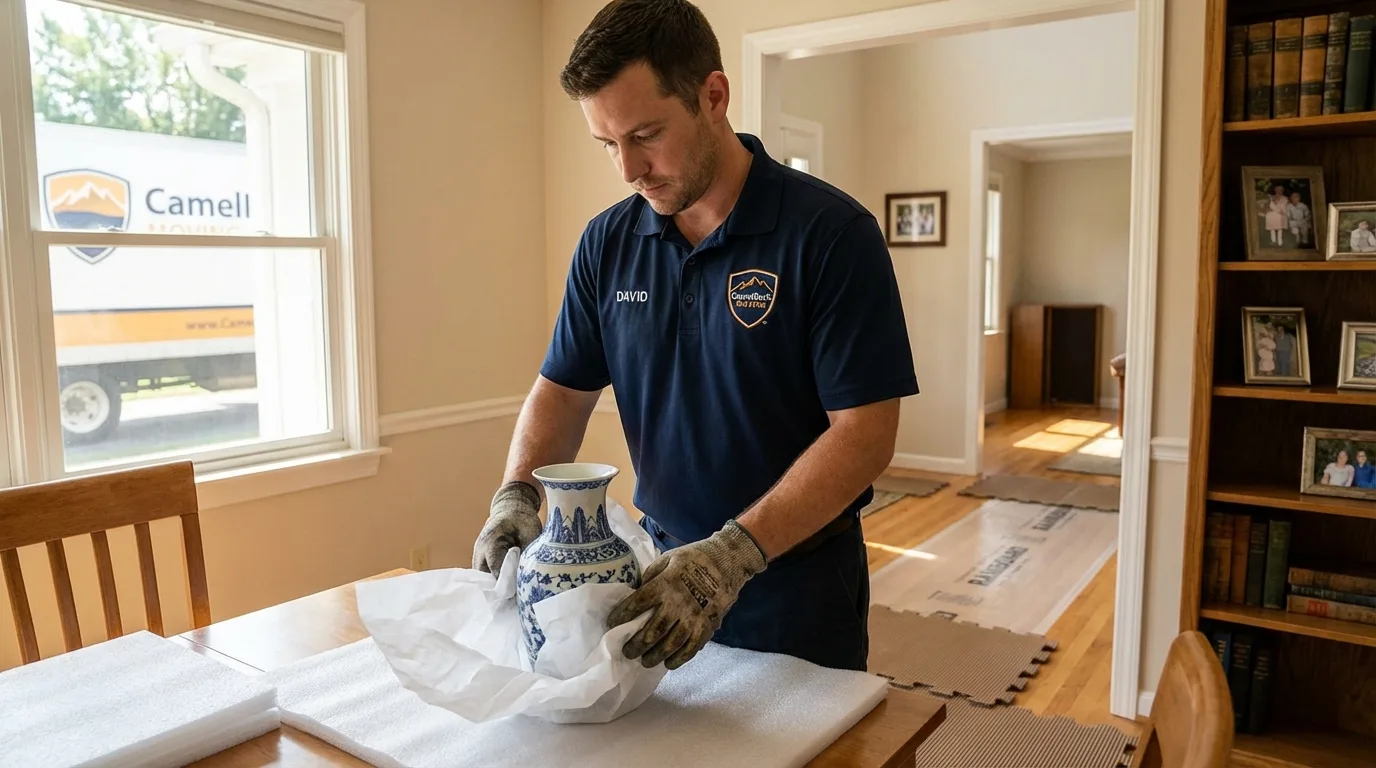 Professional crew carefully wrapping antique vase for senior downsizing move in Ravensdale, WA